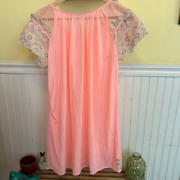 Vintage Pink Sheer Nightgown With Lace Sleeves & Embroidery Details - Picture 2 of 11